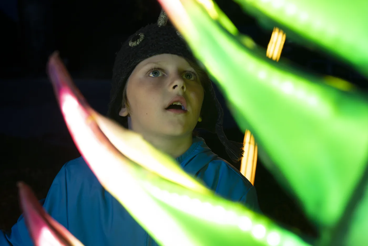A child seen through glowing green lantern leaves